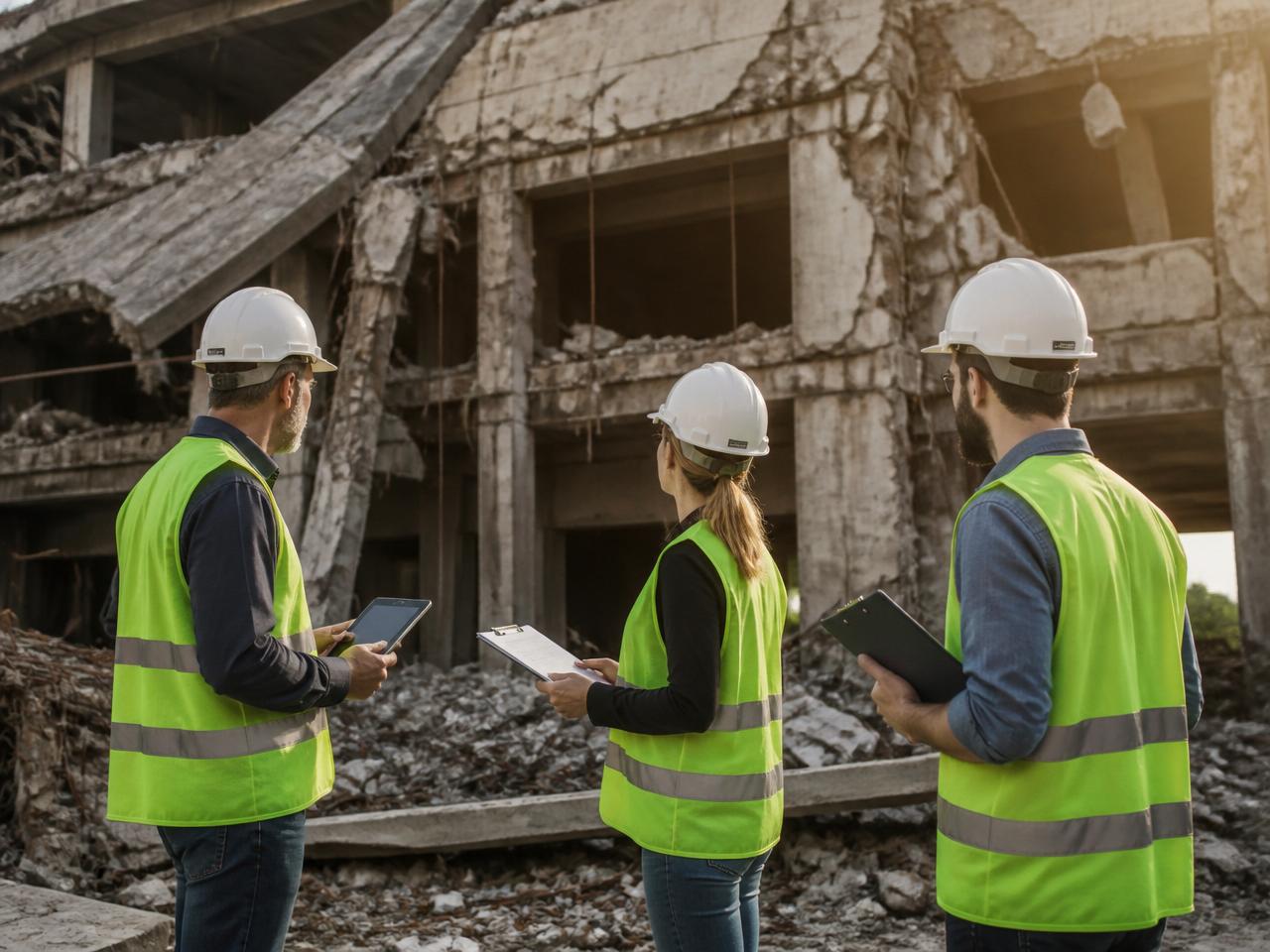 Civil engineers inspecting damaged building